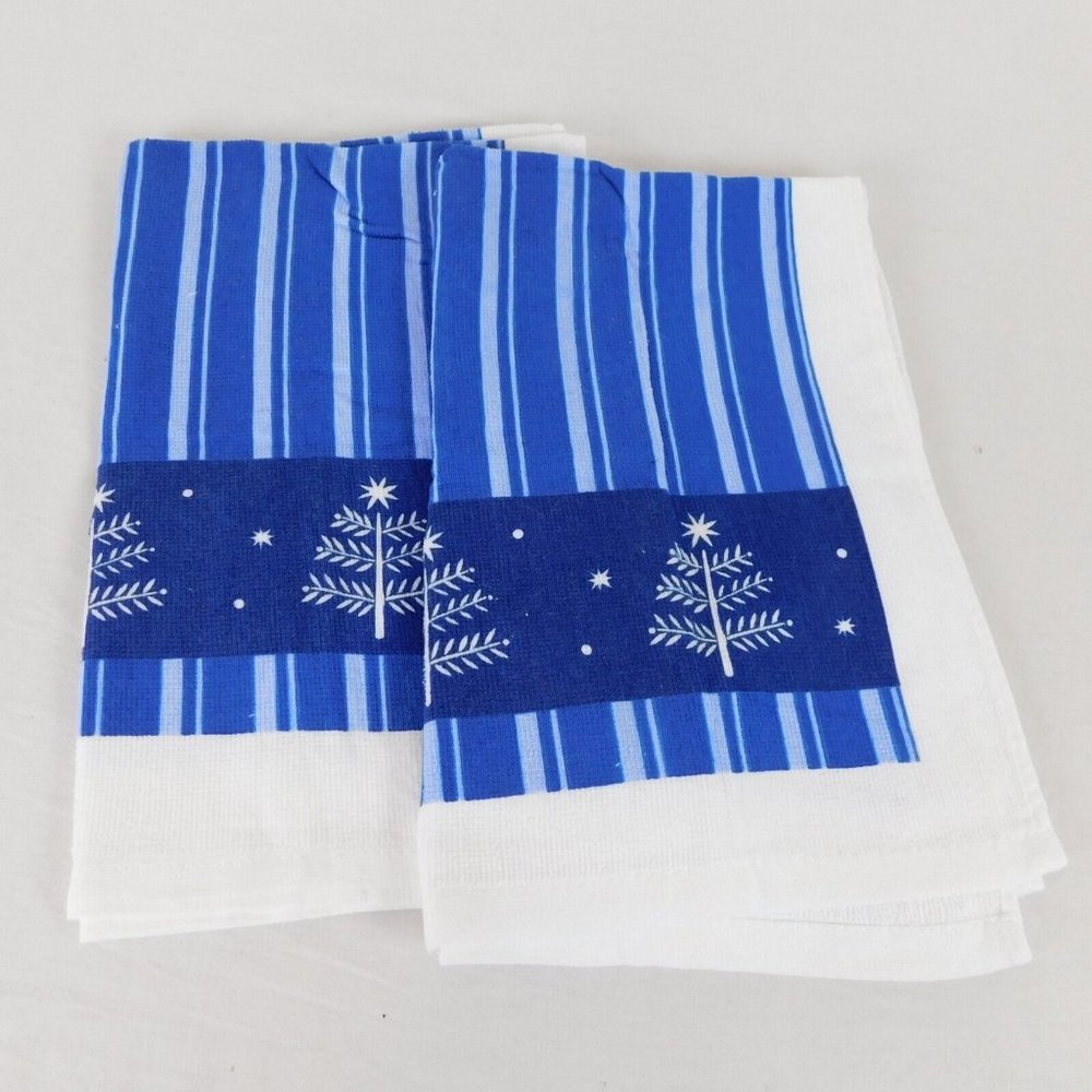 2 Blue Striped Christmas Tree Star Kitchen Dish Towels 24" x 15" White Edge NOS